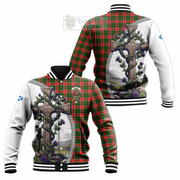 Pollock Tartan Baseball Jacket with Family Crest and St. Andrew's Cross Accented by Thistle Vines Unisex - Tartan Vibes Clothing
