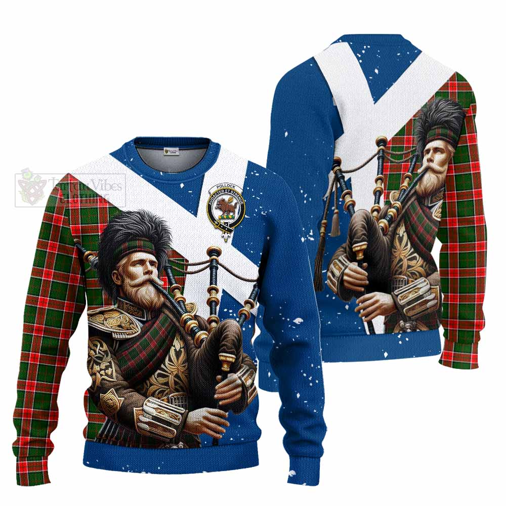 Pollock Tartan Knitted Sweater with Family Crest Scottish Bagpiper Vibes Unisex - Tartan Vibes Clothing