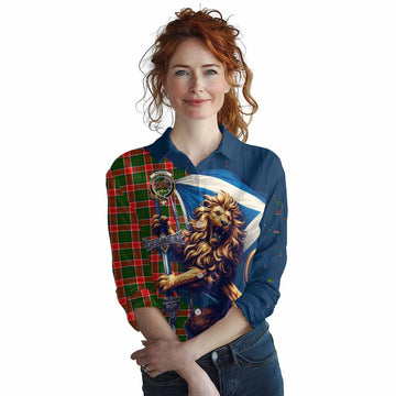 Pollock Tartan Family Crest Women's Casual Shirt with Scottish Majestic Lion Female - Tartan Vibes Clothing