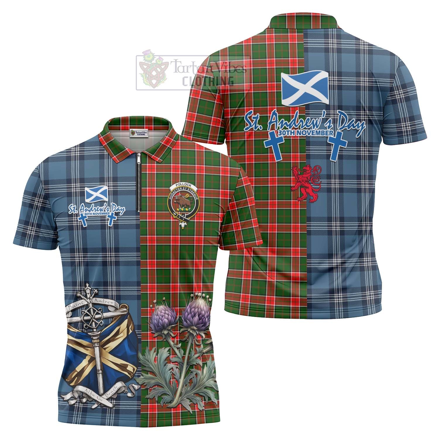 Pollock Tartan Zipper Polo Shirt Happy St. Andrew's Day Half Tartan Style Unisex - Tartan Vibes Clothing