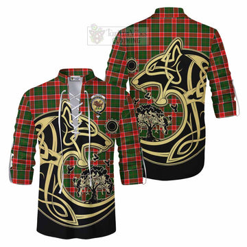 Pollock Tartan Ghillie Kilt Shirt with Family Crest Celtic Wolf Style Men - Tartan Vibes Clothing