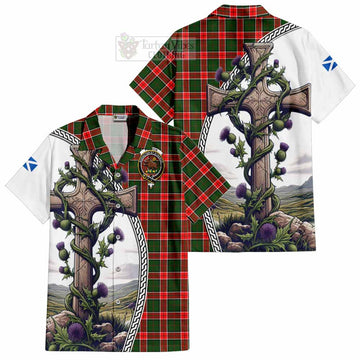 Pollock Tartan Hawaiian Shirt with Family Crest and St. Andrew's Cross Accented by Thistle Vines Kid - Tartan Vibes Clothing