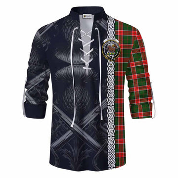 Pollock Tartan Ghillie Kilt Shirt with Family Crest Cross Sword Thistle Celtic Vibes Men - Tartan Vibes Clothing