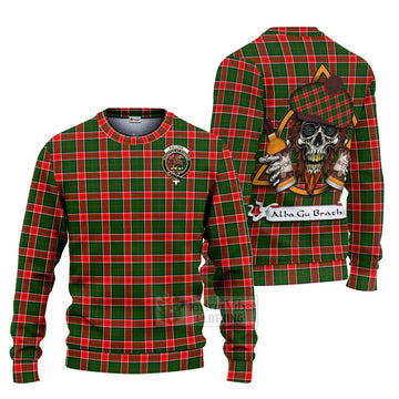 Pollock Tartan Ugly Sweater with Family Crest and Bearded Skull Holding Bottles of Whiskey Unisex - Tartan Vibes Clothing