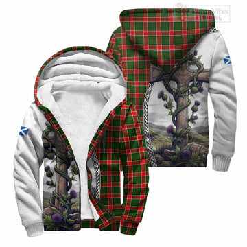 Pollock Tartan Sherpa Hoodie with Family Crest and St. Andrew's Cross Accented by Thistle Vines Unisex S - Tartan Vibes Clothing