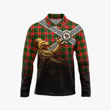 Pollock Crest Tartan Long Sleeve Polo Shirt with Golden Lion Emblem Celtic Style Unisex - Tartan Vibes Clothing