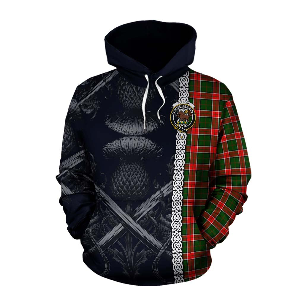 Pollock Tartan Cotton Hoodie with Family Crest Cross Sword Thistle Celtic Vibes Pullover Hoodie XS - Tartan Vibes Clothing