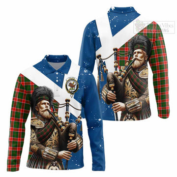 Pollock Tartan Long Sleeve Polo Shirt with Family Crest Scottish Bagpiper Vibes Unisex - Tartan Vibes Clothing