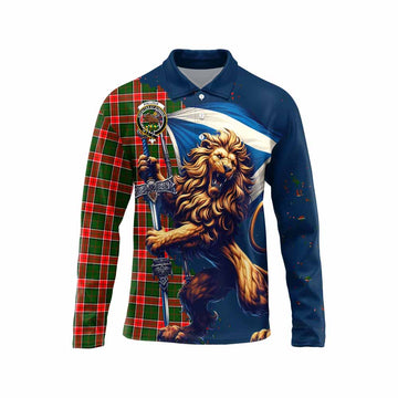 Pollock Tartan Family Crest Long Sleeve Polo Shirt with Scottish Majestic Lion Unisex - Tartan Vibes Clothing