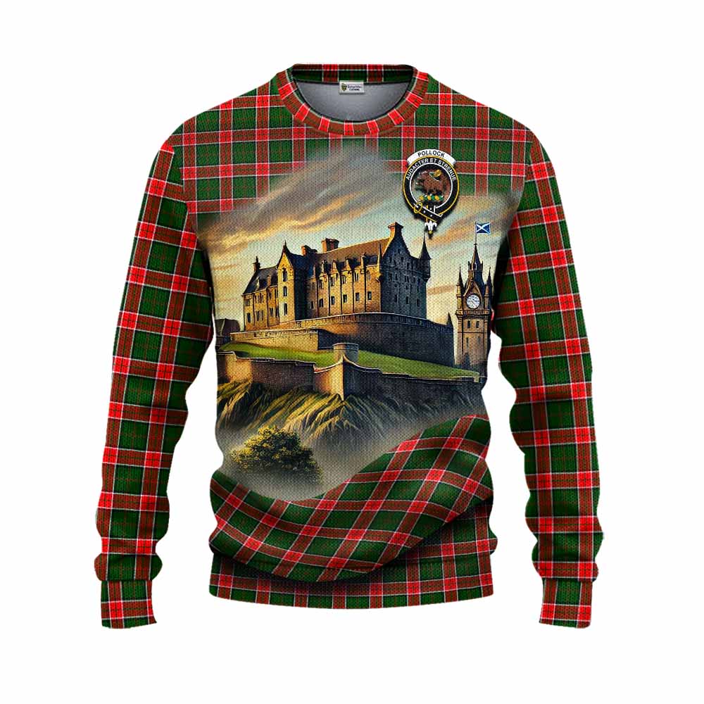 Pollock Tartan Family Crest Knitted Sweater with Scottish Ancient Castle Style Unisex - Tartan Vibes Clothing