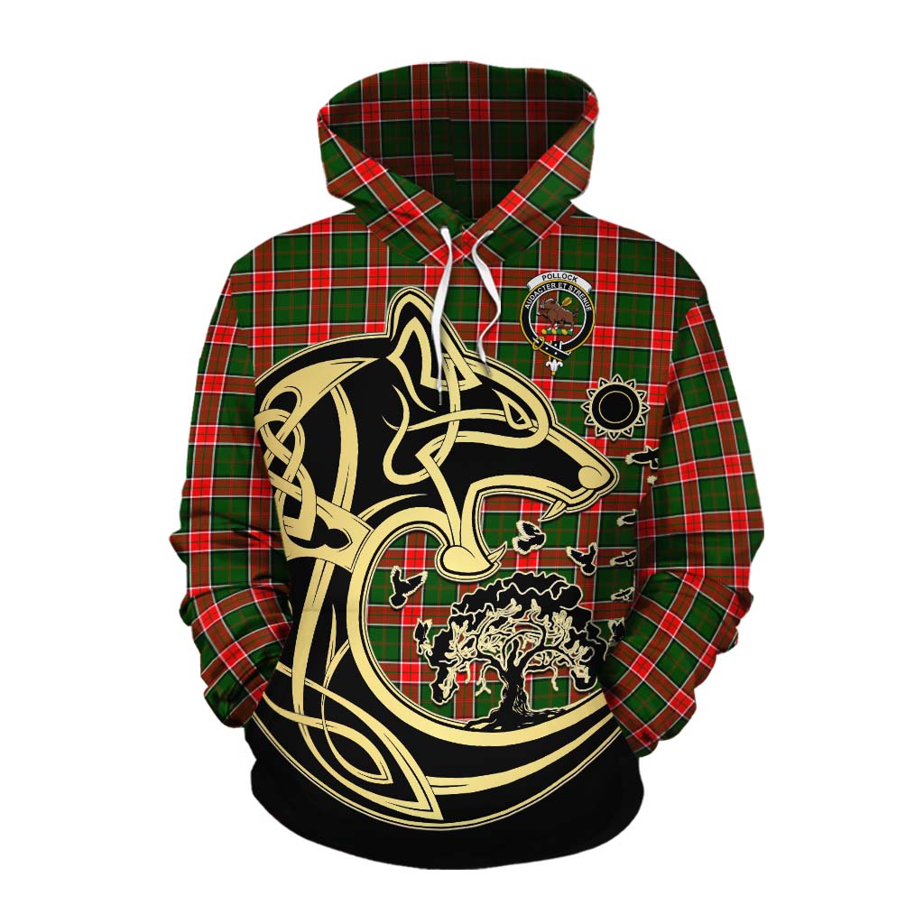 Pollock Tartan Cotton Hoodie with Family Crest Celtic Wolf Style Pullover Hoodie XS - Tartan Vibes Clothing
