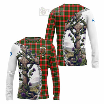 Pollock Tartan Long Sleeve T-Shirt with Family Crest and St. Andrew's Cross Accented by Thistle Vines Unisex - Tartan Vibes Clothing