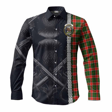 Tartan Vibes Clothing Pollock Tartan Long Sleeve Button Shirt with Family Crest Cross Sword Thistle Celtic Vibes