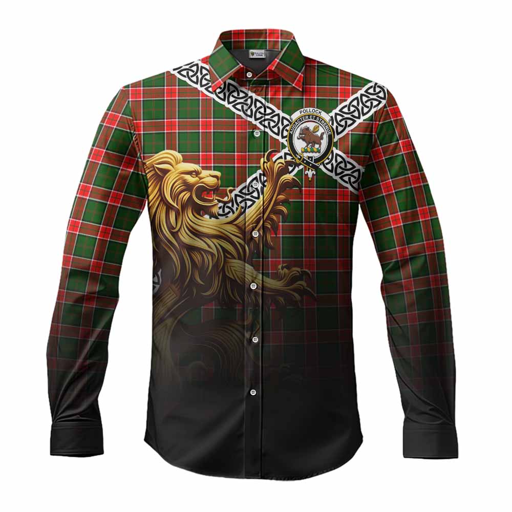 Pollock Crest Tartan Long Sleeve Button Shirt with Golden Lion Emblem Celtic Style Men's Shirt S - Tartan Vibes Clothing