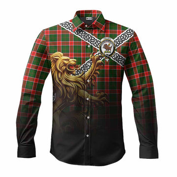 Pollock Crest Tartan Long Sleeve Button Shirt with Golden Lion Emblem Celtic Style Men's Shirt S - Tartan Vibes Clothing