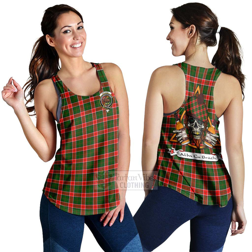 Tartan Vibes Clothing Pollock Tartan Women's Racerback Tanks with Family Crest and Bearded Skull Holding Bottles of Whiskey