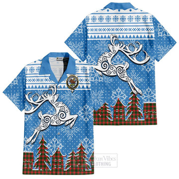Tartan Vibes Clothing Pollock Clan Christmas Short Sleeve Button Shirt Celtic Reindeer Style
