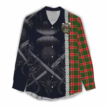 Pollock Tartan Women's Casual Shirt with Family Crest Cross Sword Thistle Celtic Vibes Female - Tartan Vibes Clothing