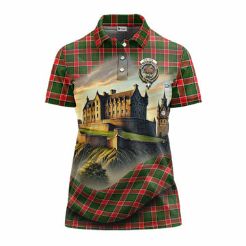 Pollock Tartan Family Crest Women's Polo Shirt with Scottish Ancient Castle Style Women - Tartan Vibes Clothing