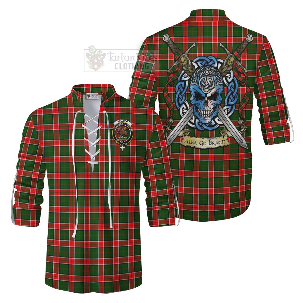 Pollock Tartan Ghillie Kilt Shirt with Family Crest Celtic Skull Style Men - Tartan Vibes Clothing