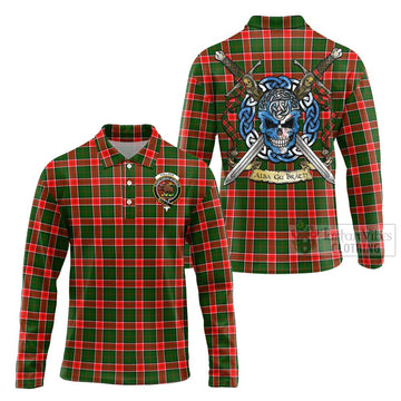 Pollock Tartan Long Sleeve Polo Shirt with Family Crest Celtic Skull Style Unisex - Tartan Vibes Clothing