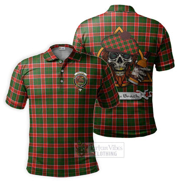 Pollock Tartan Polo Shirt with Family Crest and Bearded Skull Holding Bottles of Whiskey Kid - Tartan Vibes Clothing