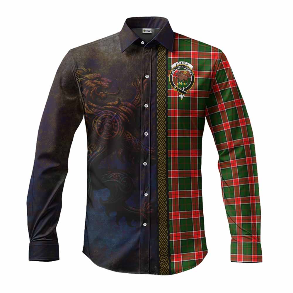Tartan Vibes Clothing Pollock Tartan Family Crest Long Sleeve Button Shirt Alba Gu Brath Be Brave Lion Ancient Style
