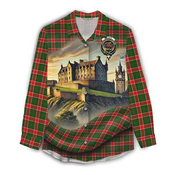 Pollock Tartan Family Crest Women's Casual Shirt with Scottish Ancient Castle Style Female - Tartan Vibes Clothing