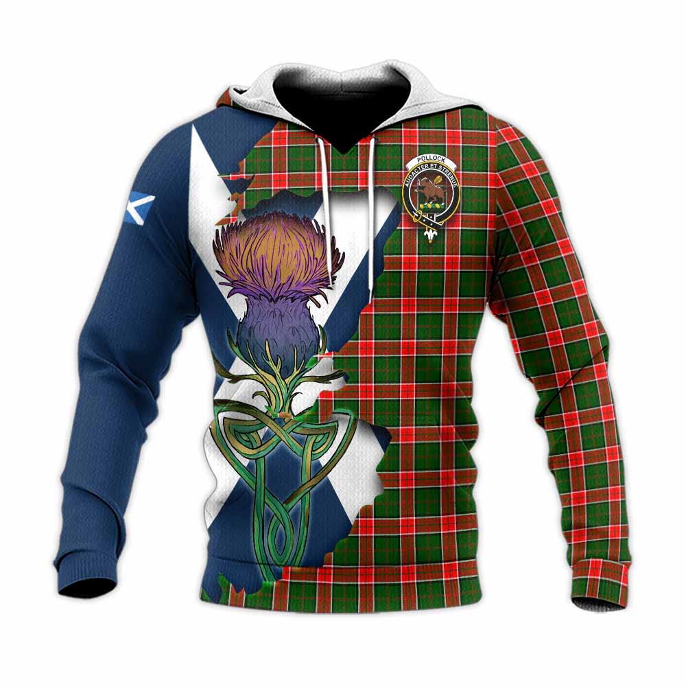 Tartan Vibes Clothing Pollock Tartan Family Crest Knitted Hoodie Scottish Thistle Celtic Inspired