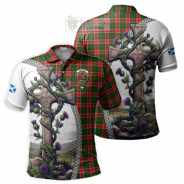 Pollock Tartan Polo Shirt with Family Crest and St. Andrew's Cross Accented by Thistle Vines Kid - Tartan Vibes Clothing