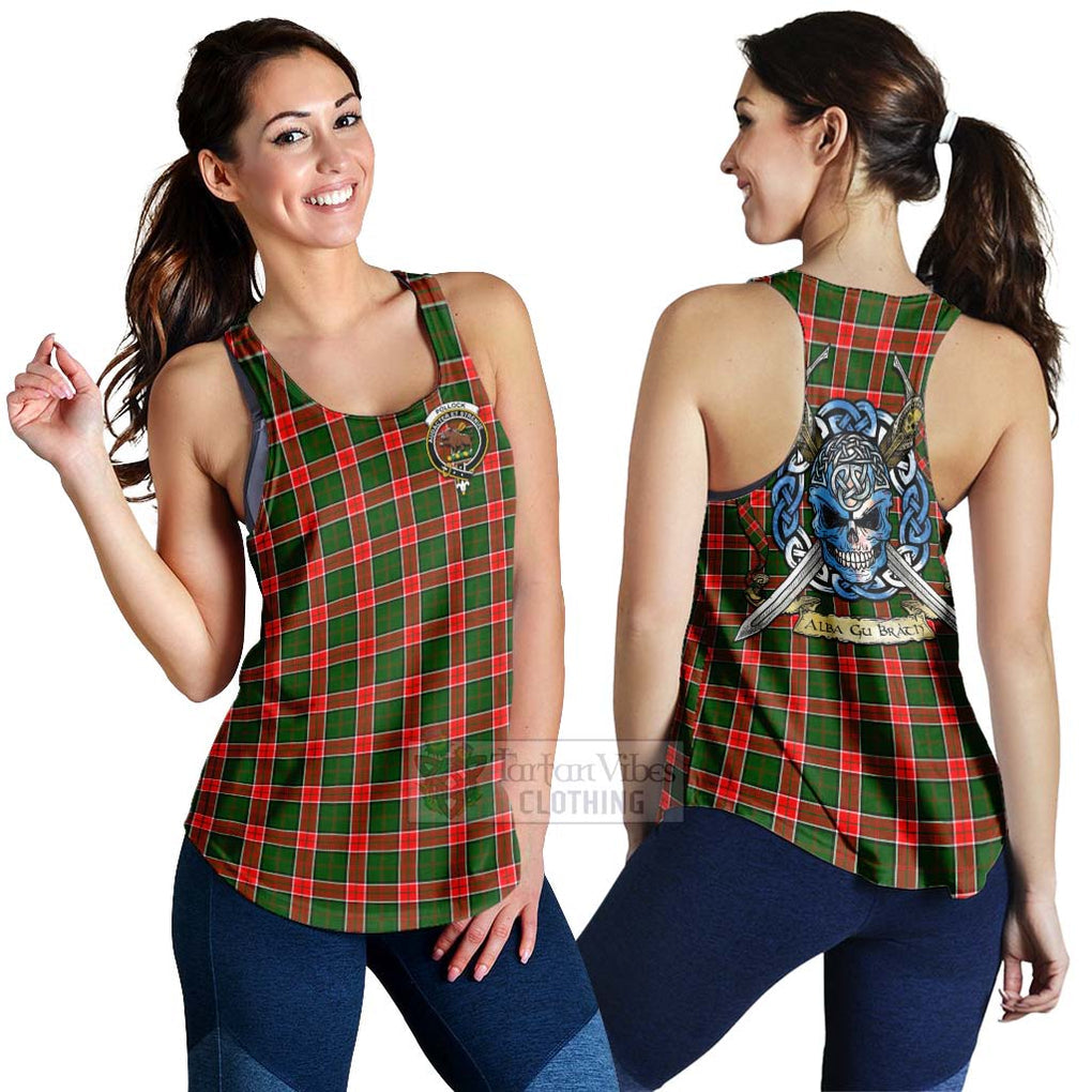 Pollock Tartan Women's Racerback Tanks with Family Crest Celtic Skull Style 4XL - Tartan Vibes Clothing