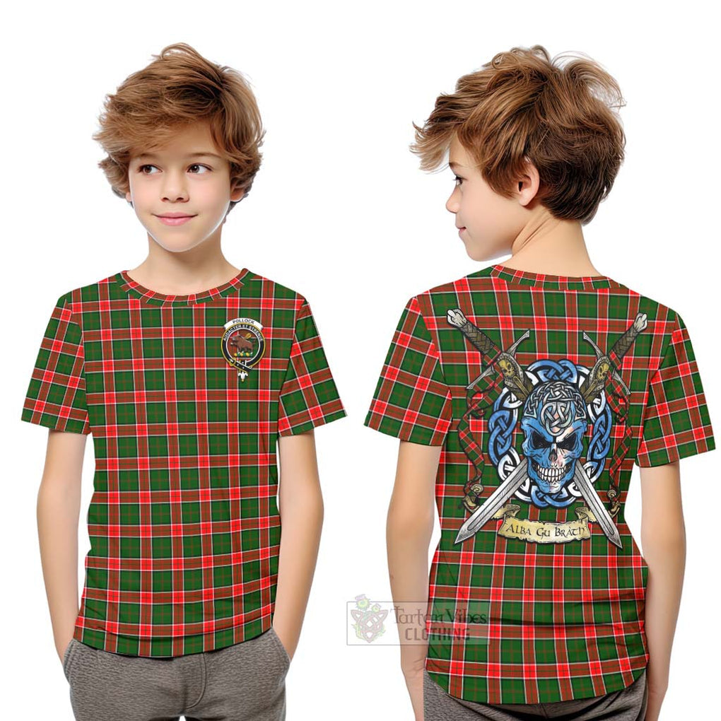 Pollock Tartan Kid T-Shirt with Family Crest Celtic Skull Style Youth XL Size14 - Tartan Vibes Clothing