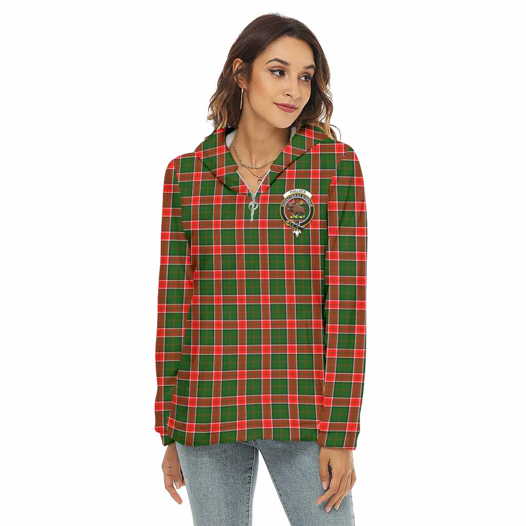 Pollock Tartan Women's Borg Fleece Hoodie with Half Zip with Family Crest Female - Tartan Vibes Clothing