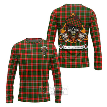 Pollock Tartan Long Sleeve T-Shirt with Family Crest and Bearded Skull Holding Bottles of Whiskey Unisex - Tartan Vibes Clothing