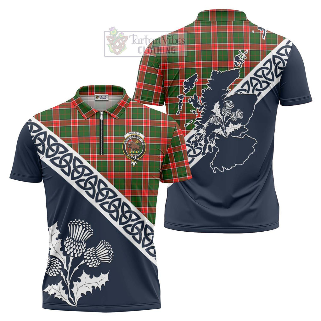 Pollock Tartan Zipper Polo Shirt Featuring Thistle and Scotland Map Unisex - Tartanvibesclothing Store