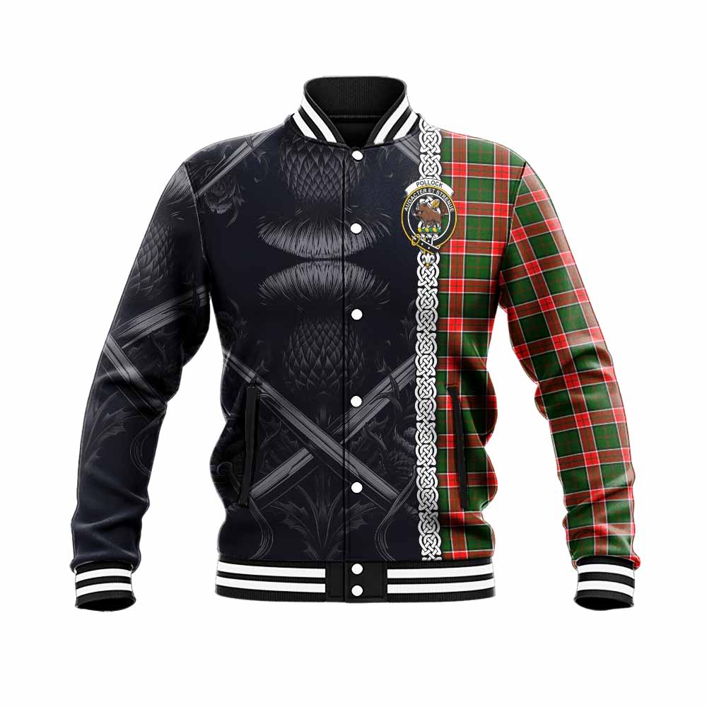 Pollock Tartan Baseball Jacket with Family Crest Cross Sword Thistle Celtic Vibes Unisex - Tartan Vibes Clothing