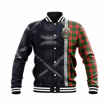 Pollock Tartan Baseball Jacket with Family Crest Cross Sword Thistle Celtic Vibes Unisex - Tartan Vibes Clothing