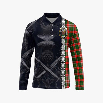 Pollock Tartan Long Sleeve Polo Shirt with Family Crest Cross Sword Thistle Celtic Vibes Unisex - Tartan Vibes Clothing