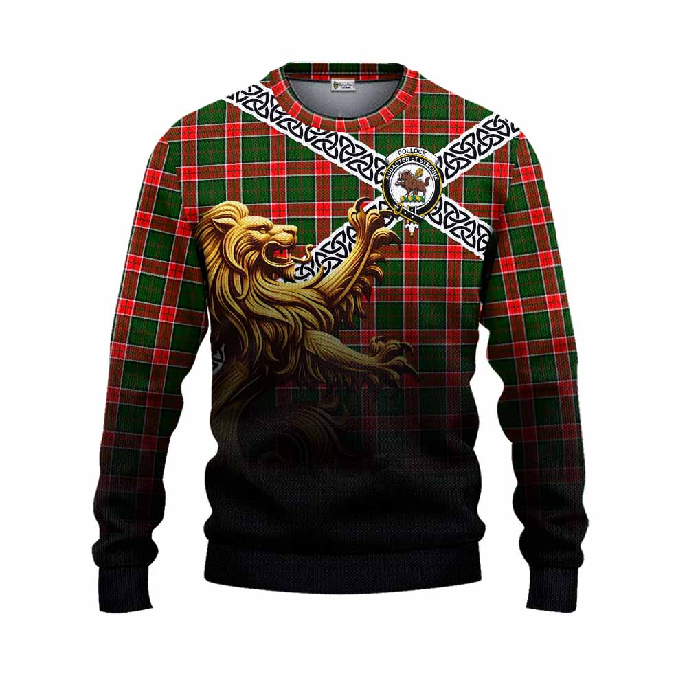 Pollock Crest Tartan Knitted Sweater with Golden Lion Emblem Celtic Style Unisex - Tartan Vibes Clothing
