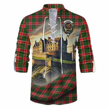 Pollock Tartan Family Crest Ghillie Kilt Shirt with Scottish Ancient Castle Style Men - Tartan Vibes Clothing