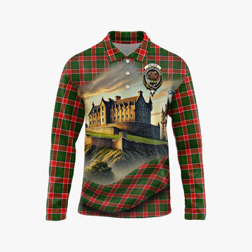Pollock Tartan Family Crest Long Sleeve Polo Shirt with Scottish Ancient Castle Style Unisex - Tartan Vibes Clothing