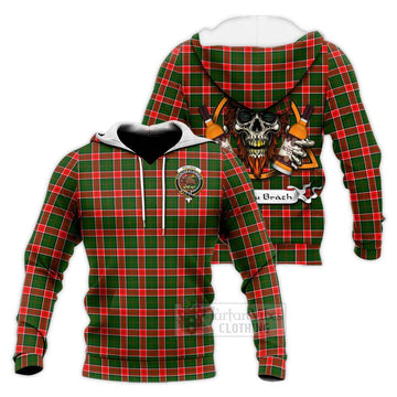 Pollock Tartan Knitted Hoodie with Family Crest and Bearded Skull Holding Bottles of Whiskey Unisex Knitted Pullover Hoodie - Tartan Vibes Clothing