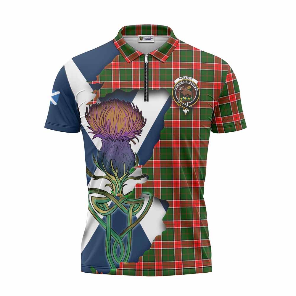 Tartan Vibes Clothing Pollock Tartan Family Crest Zipper Polo Shirt Scottish Thistle Celtic Inspired