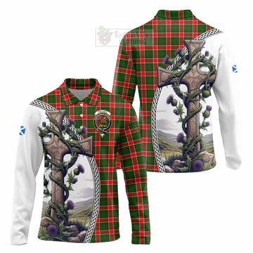 Pollock Tartan Long Sleeve Polo Shirt with Family Crest and St. Andrew's Cross Accented by Thistle Vines Unisex - Tartan Vibes Clothing