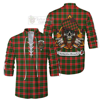 Pollock Tartan Ghillie Kilt Shirt with Family Crest and Bearded Skull Holding Bottles of Whiskey Men - Tartan Vibes Clothing