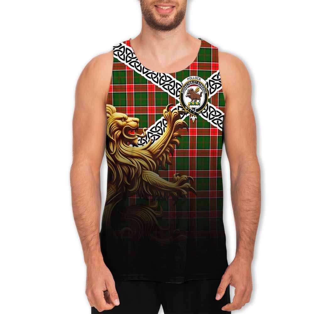 Pollock Crest Tartan Men's Tank Top with Golden Lion Emblem Celtic Style Men - Tartan Vibes Clothing