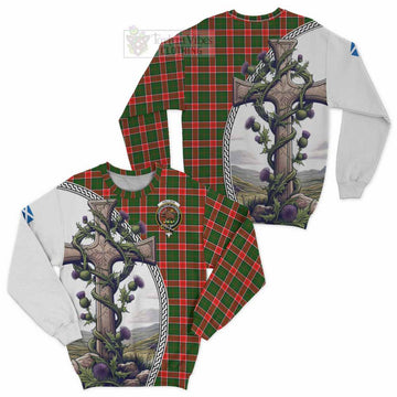 Pollock Tartan Sweatshirt with Family Crest and St. Andrew's Cross Accented by Thistle Vines Unisex - Tartan Vibes Clothing