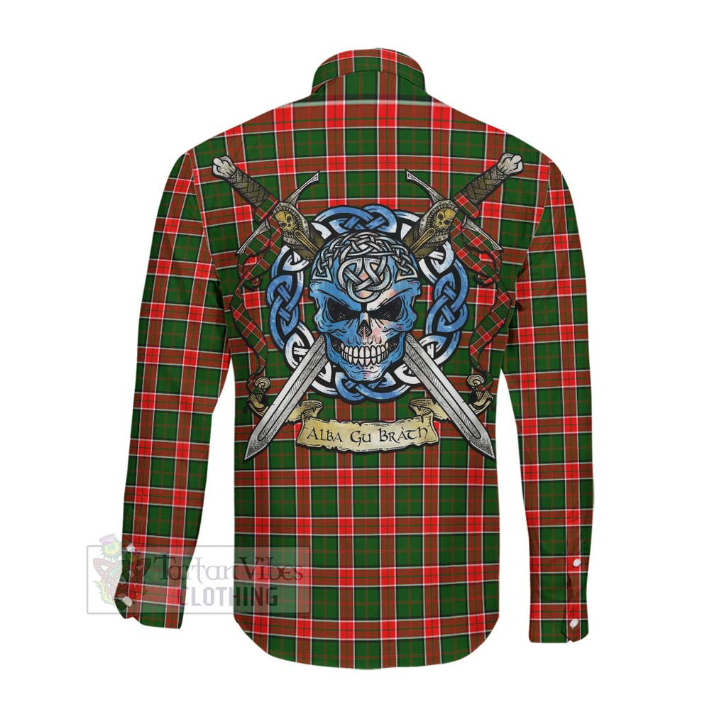 Pollock Tartan Long Sleeve Button Shirt with Family Crest Celtic Skull Style Men's Shirt - Tartan Vibes Clothing