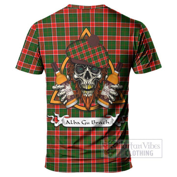 Pollock Tartan T-Shirt with Family Crest and Bearded Skull Holding Bottles of Whiskey - Tartan Vibes Clothing