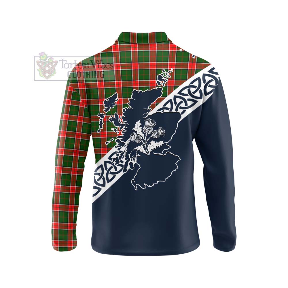 Pollock Tartan Long Sleeve Polo Shirt Featuring Thistle and Scotland Map - Tartan Vibes Clothing